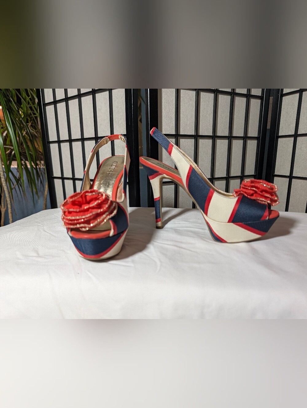 GUESS Red/Orange Navy Cream Striped Peep-Toe Slingback Heels size 6.5 Dreamboat